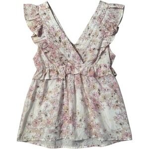Munthe Herb Top 44 Pink Floral Silk‎ Cotton Ruffle Cutout Back Cottagecore